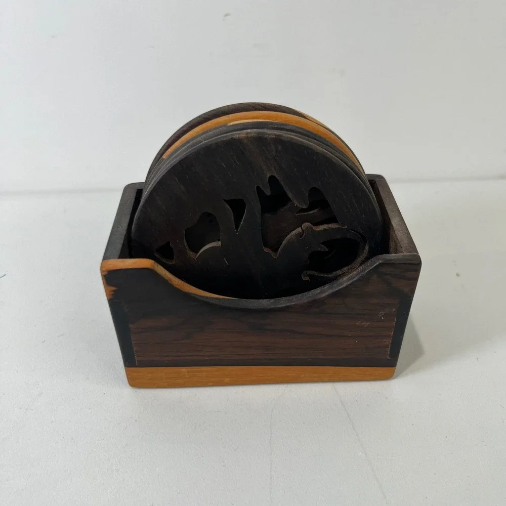 Vtg Wooden Coaster‎ Set 6pc African Safari Animals Boho Decor Jungle Tribal